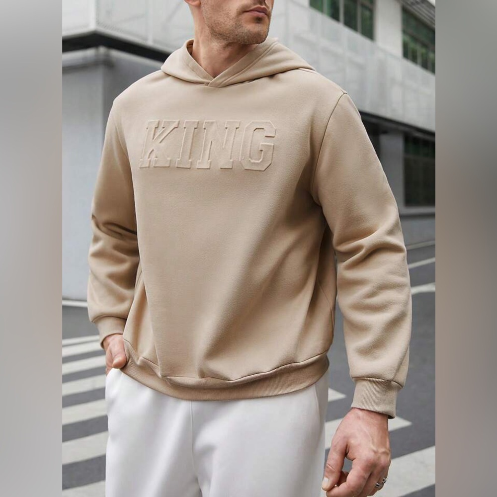 Men's Tan/Khaki Embossed "KING" Hoodie - SHEIN | Size Small